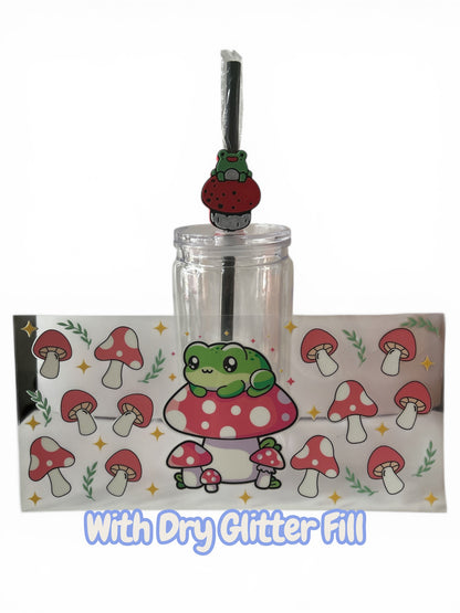 Quick Order Tumbler Kit Frog and Mushroom Cottagecore | Pale Green Dry Glitter Fill + 16oz Tumbler + Wrap + Straw + Topper