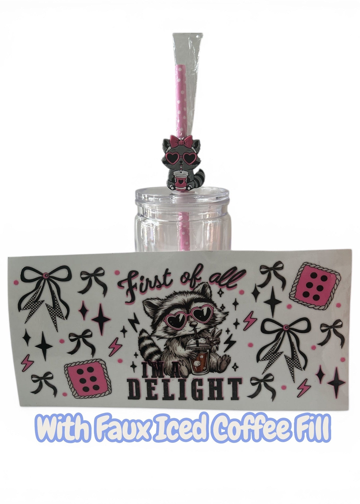 Tumbler with a raccoon design and text on a white background