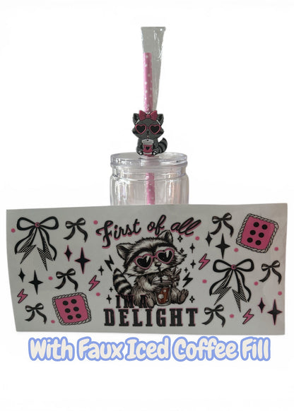 Tumbler with a raccoon design and text on a white background