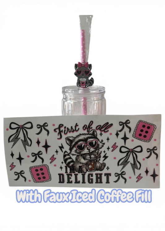 Tumbler with a raccoon design and text on a white background