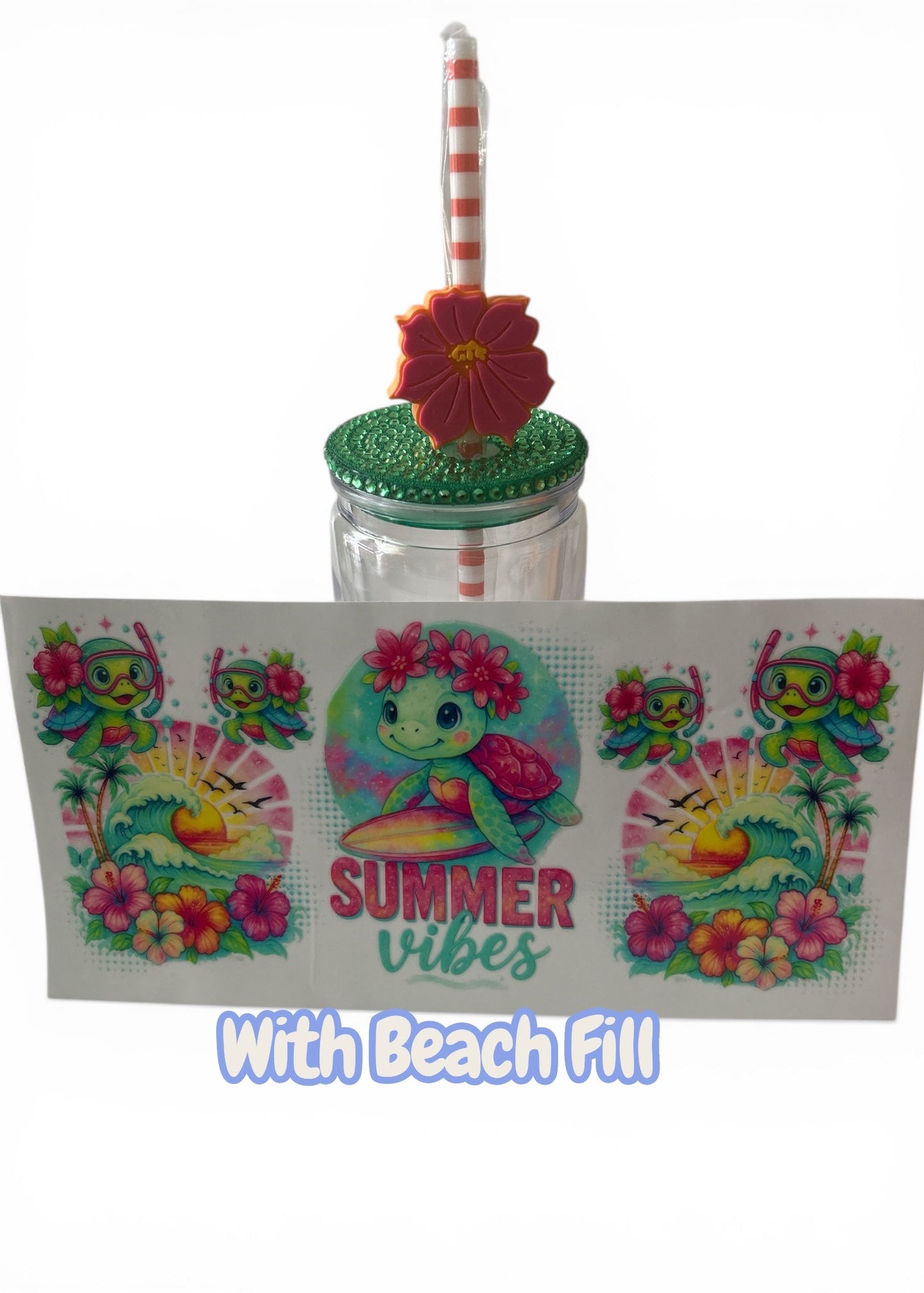 Quick Order Tumbler Kit "Summer Vibes" Sea Turtle Beach | Beach Fill + 16oz Tumbler + Wrap + Straw + Bejeweled Lid + Topper