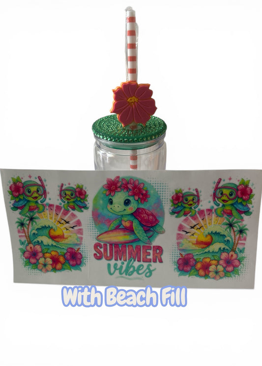Quick Order Tumbler Kit "Summer Vibes" Sea Turtle Beach | Beach Fill + 16oz Tumbler + Wrap + Straw + Bejeweled Lid + Topper