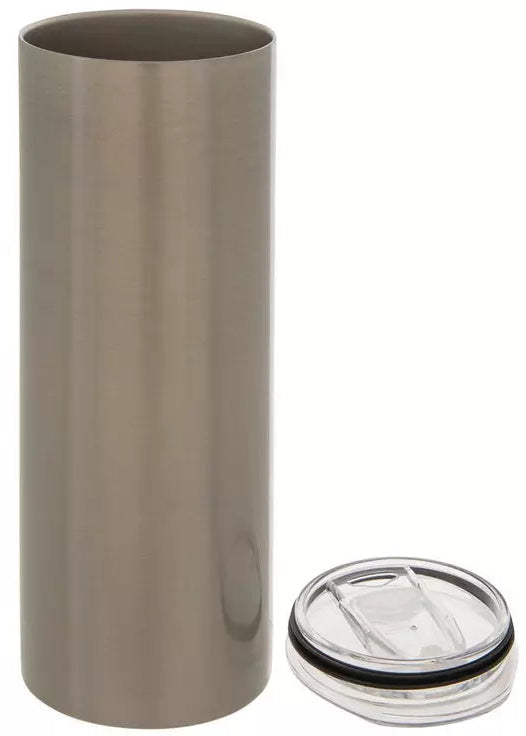 Metallic tumbler with a clear lid on a white background
