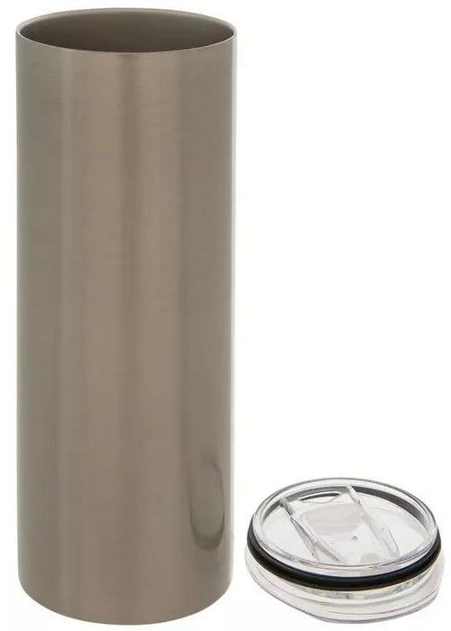 Metallic tumbler with a clear lid on a white background