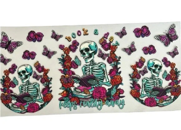 book a day skeleton cup wrap with florals butterflies spooky book lover tumbler design